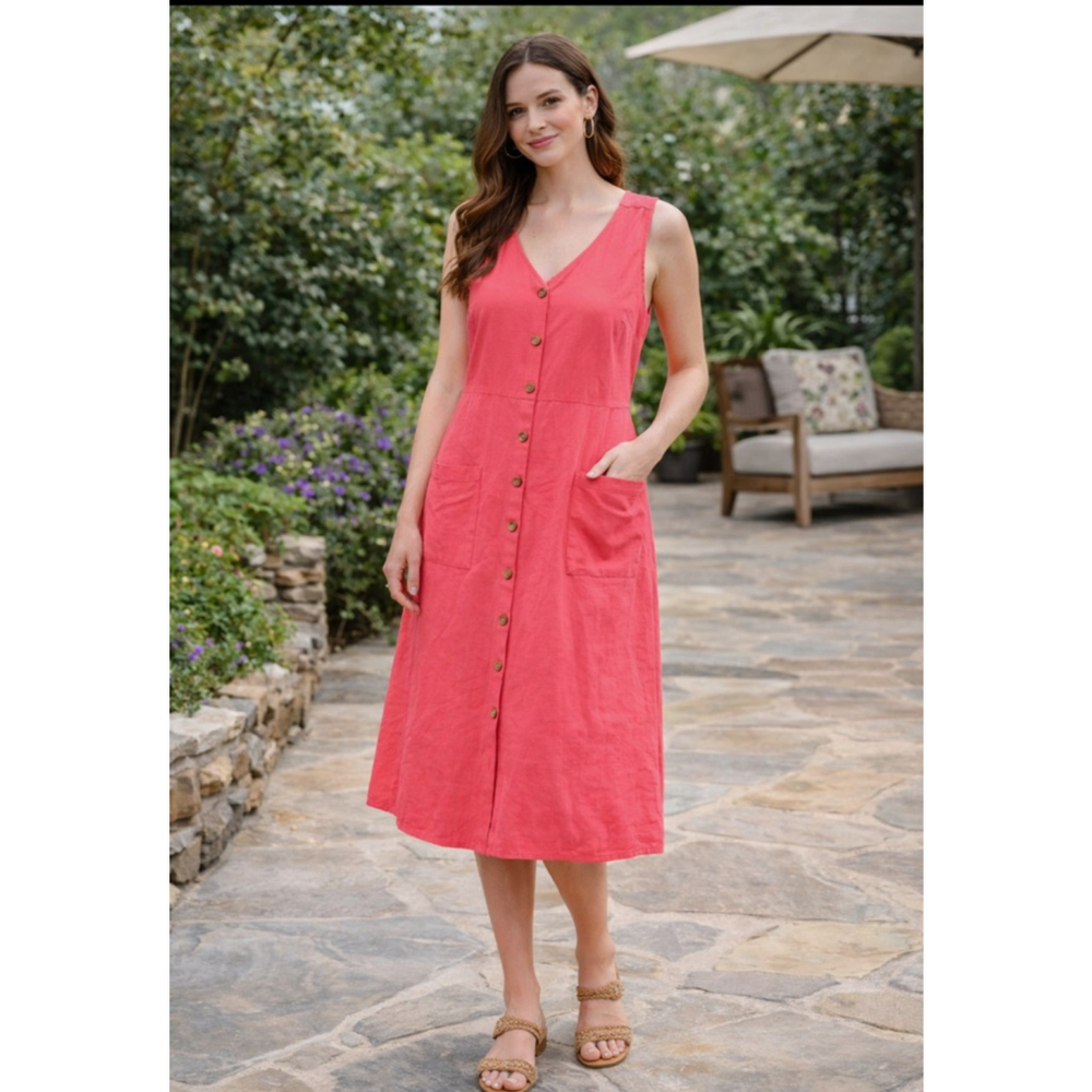 Women's Unbranded Coral Linen Blend JoButton Front Midi Dress 1X